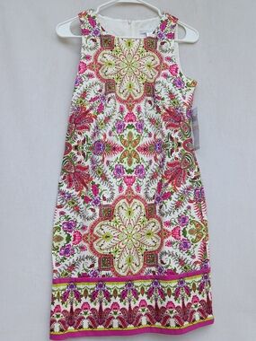 London Times White Midi Dress with Pink, Green & Purple Floral Medallion Print